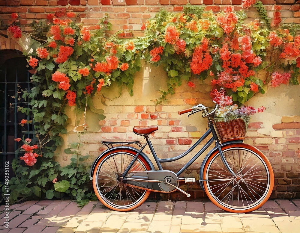 Watercolor bicycle leaning against a brick wall covered in climbing flowers with copy space Watercolor bicycle leaning against a brick wall covered in climbing flowers with copy space