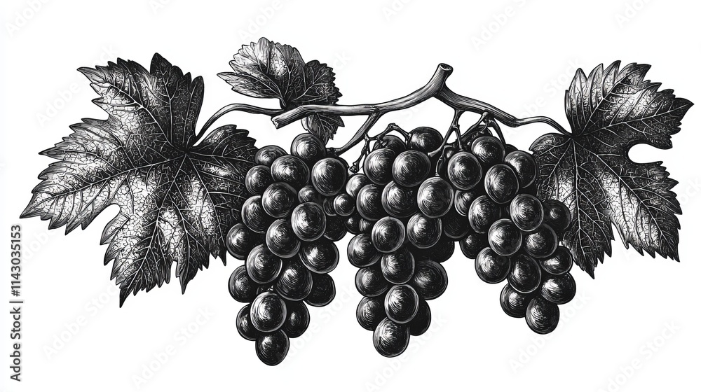 Obraz premium A bunch of grapes on a branch with leaves