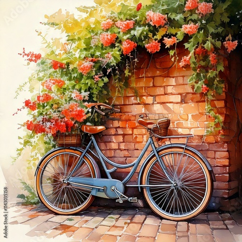 Watercolor bicycle leaning against a brick wall covered in climbing flowers with copy space photo