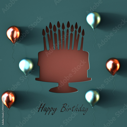 Birthday greeting text with cut out birthday cake with candles and colorful inflatable balloons on blue background. 3d render