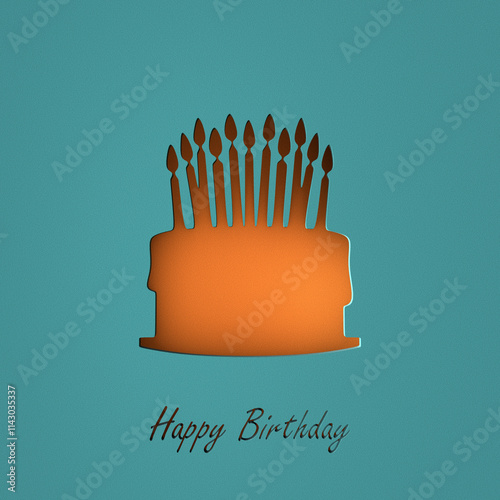 Birthday greeting text with cut out birthday cake with candles on blue background. 3d render