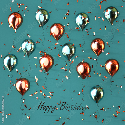 Birthday greeting card with colorful inflatable balloons on blue background. 3d render