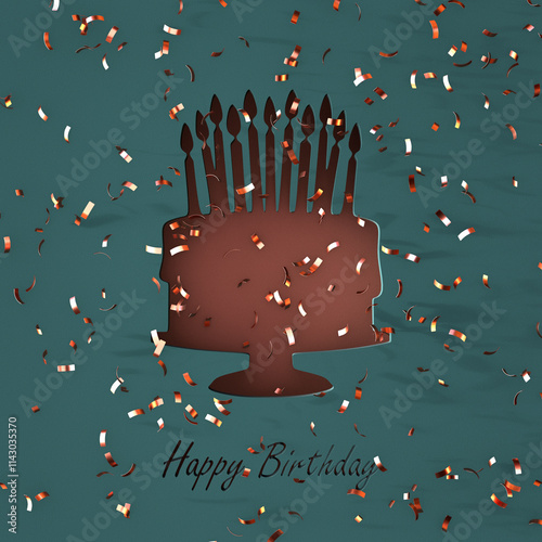 Birthday greeting text with cut out birthday cake with candles and confetti on blue background. 3d render