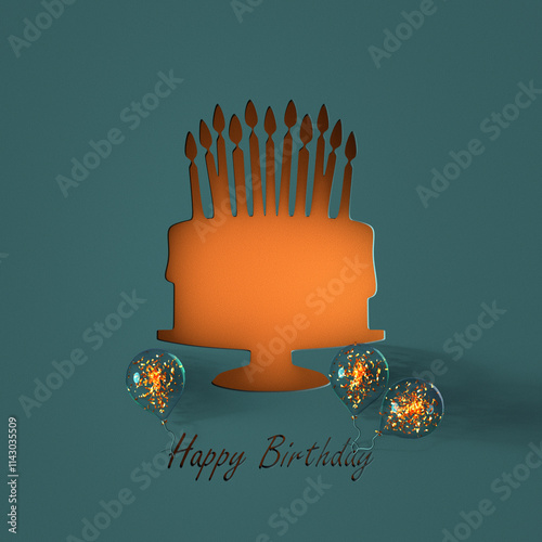 Birthday greeting text with cut out birthday cake and transparent inflatable balloons on blue background. 3d render