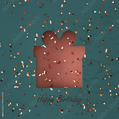 Birthday greeting text with cut out gift box and confetti on blue background. 3d render
