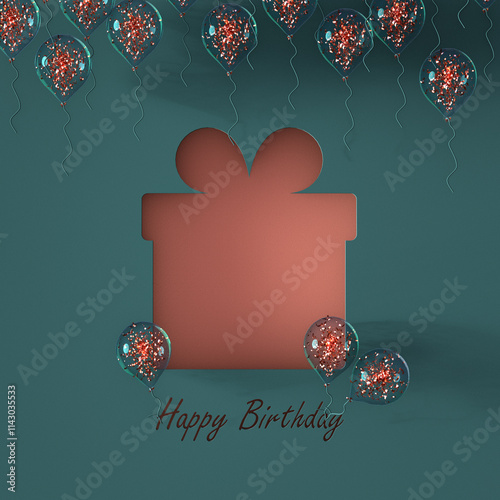 Birthday greeting text with cut out gift box and transparent inflatable balloons on blue background. 3d render