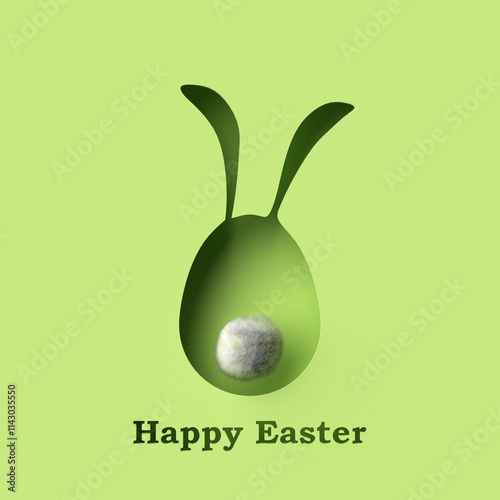 Easter greeting text with cut out Easter egg with rabbit ears on green background. 3d render