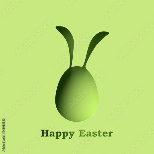 Easter greeting text with cut out Easter egg with rabbit ears on green background. 3d render