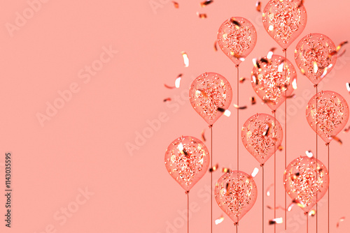 Birthday greeting card with transparent inflatable balloons on pink background. Template for invitation card. 3d render