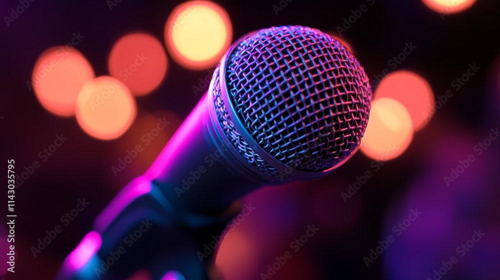 Obraz premium A microphone on a stand in front of a stage with lights