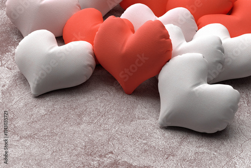 Red hearts on gray concrete background. 3d render