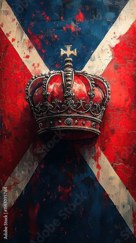 The England flag with a bold St. George's Cross as the background, featuring an intricately designed crown at the center.