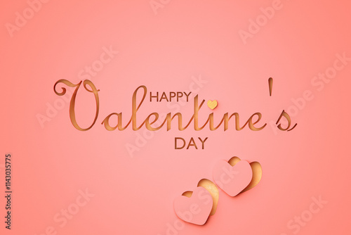 Paper Cut Out Happy Valentines Day Illustration with heart shape frame. 3d render