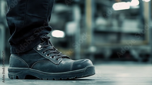 Close-up of a person's foot wearing a sturdy black work boot in an industrial setting. The boot is well-worn, suggesting a history of hard work. The overall mood is one of strength and resilience. photo