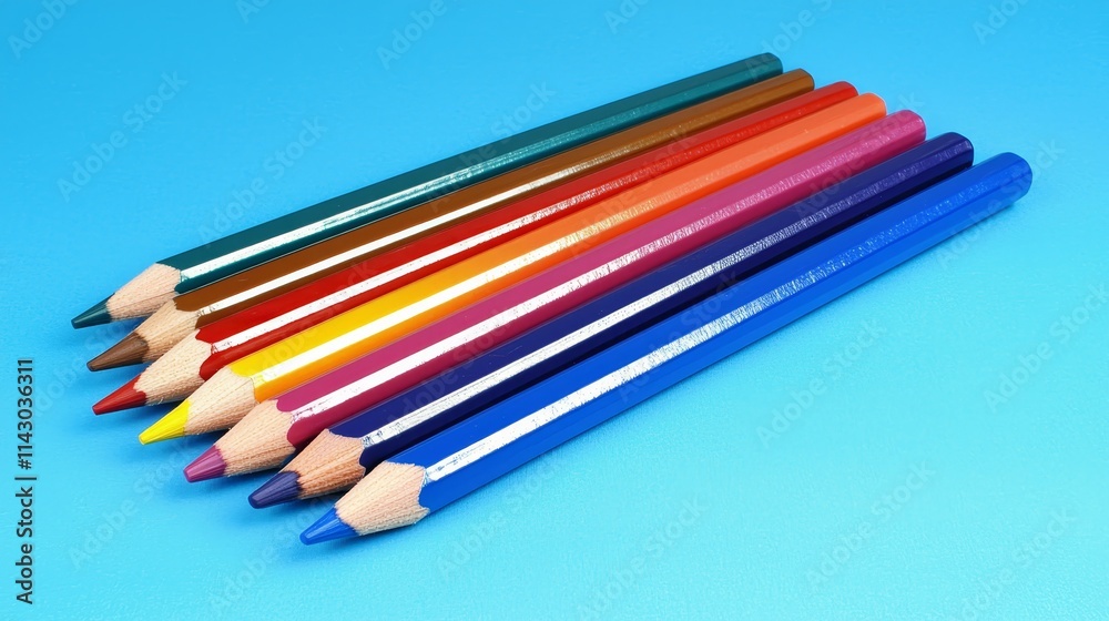 A group of colored pencils on a blue background A group of colored pencils on a blue background