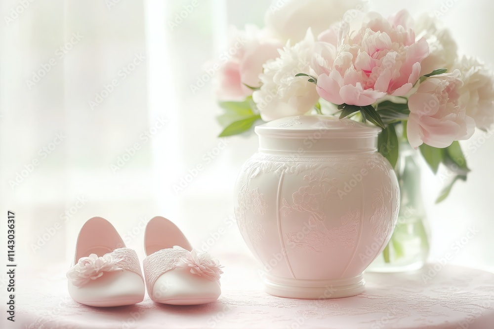 White ceramic urn with baby shoes and soft pink flowers