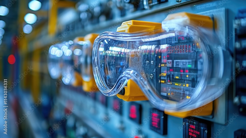 Close-up view of a transparent protective cover over an industrial control panel, showcasing intricate electronic components and digital displays. Close-up view of a transparent protective cover over an industrial control panel, showcasing intricate electronic components and digital displays.