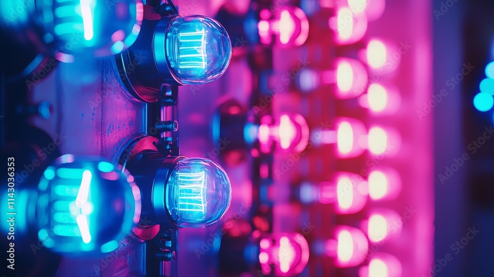 A bunch of blue and red lights on a wall A bunch of blue and red lights on a wall