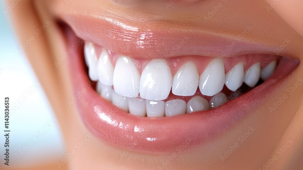 Close-up of a female patient's bright smile showcasing healthy white teeth Close-up of a female patient's bright smile showcasing healthy white teeth