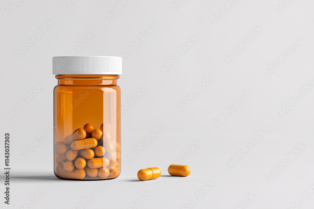 Amber pill bottle with white lid containing orange capsules placed on a white surface with a few pills scattered nearby
