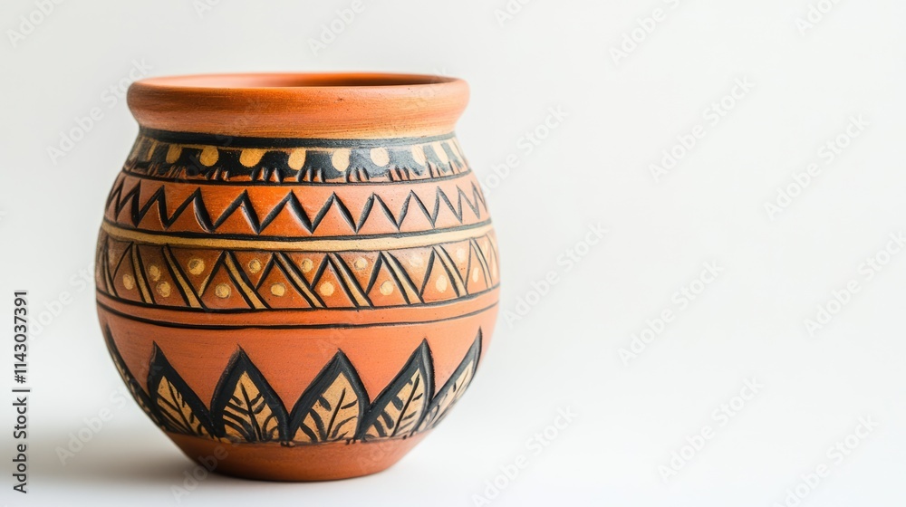 Empty brown ceramic flower and plant pot with floral ornament isolated on white background with copy space Empty brown ceramic flower and plant pot with floral ornament isolated on white background with copy space