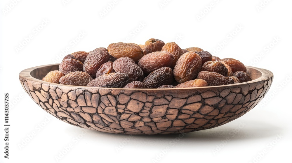 A wooden bowl filled with dried dates on a white background