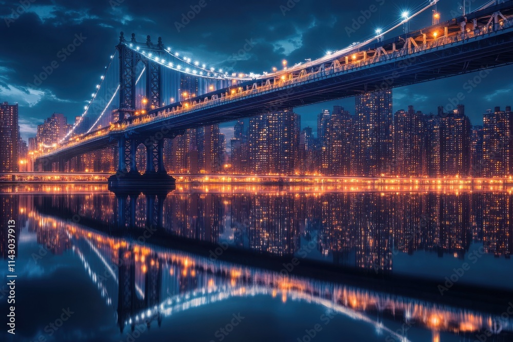 Naklejka premium A bridge over calm waters, illuminated by the reflection of vibrant city lights.