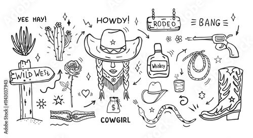 A vector set with a cowgirl, a revolver, a cactus, a cowboy boot, a rose, whiskey, a rope, a pointer to the Wild West and a snake. Lettering and inscriptions. Hand-drawn doodle illustrations
