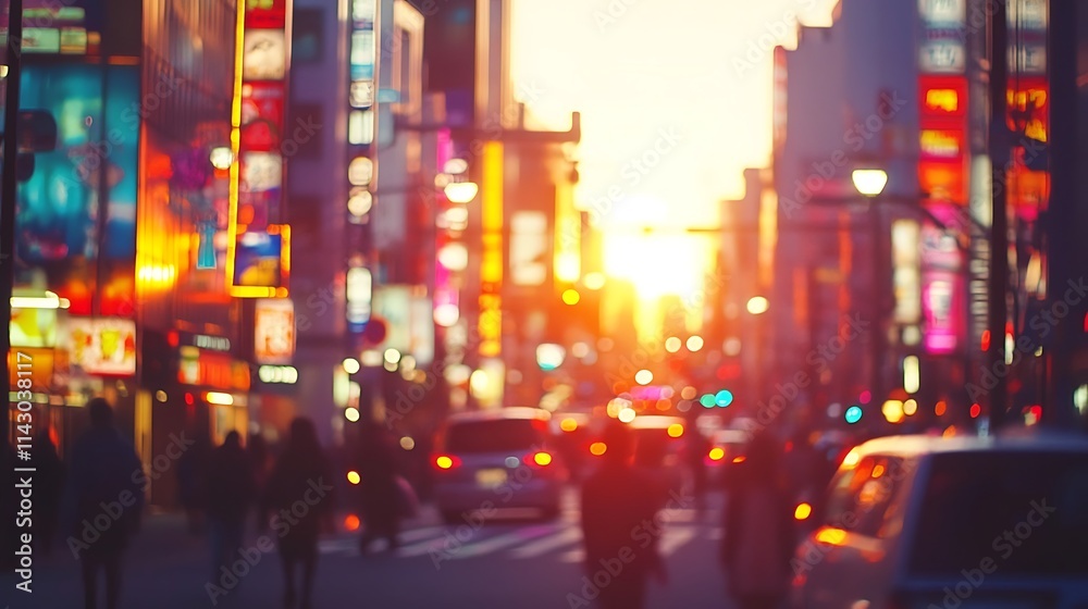 Blurred city street at sunset, bokeh effect, people walking, cars, buildings, vibrant colors. Blurred city street at sunset, bokeh effect, people walking, cars, buildings, vibrant colors.