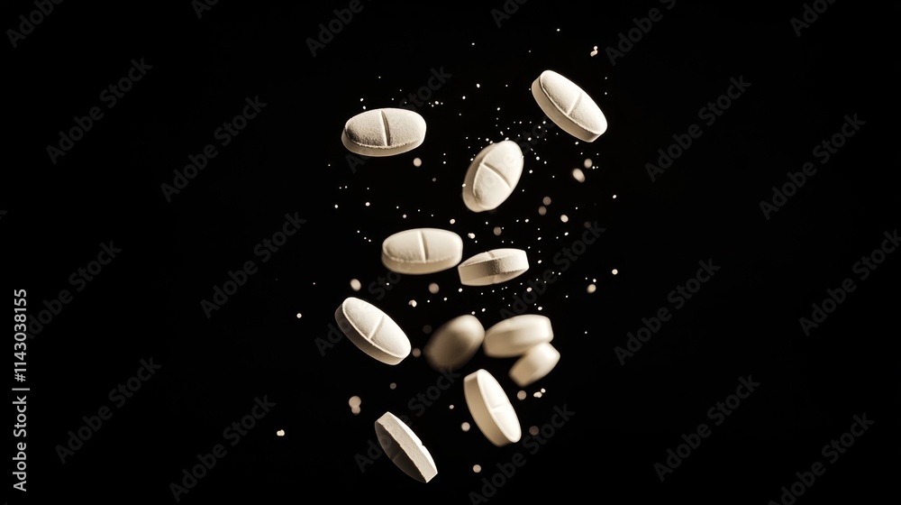 A bunch of white pills falling down on a black background A bunch of white pills falling down on a black background