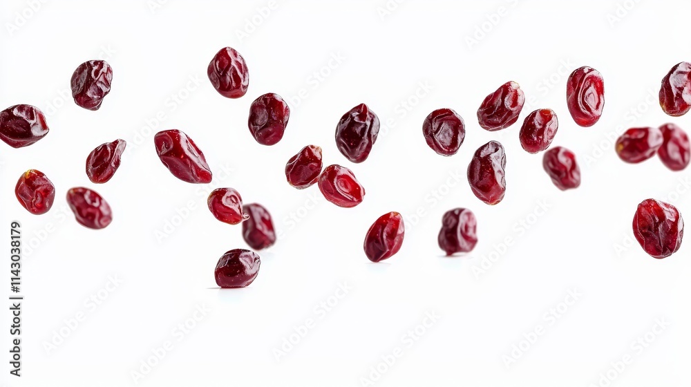 A bunch of dried cranberries falling down on a white surface A bunch of dried cranberries falling down on a white surface