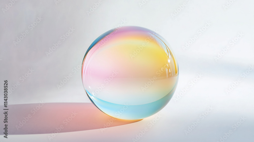 Floating Translucent Glass Sphere with Gradient Hues of Pink, Blue, and Yellow on a Minimalist White Background: A Surreal and Elegant Abstract Wallpaper Floating Translucent Glass Sphere with Gradient Hues of Pink, Blue, and Yellow on a Minimalist White Background: A Surreal and Elegant Abstract Wallpaper
