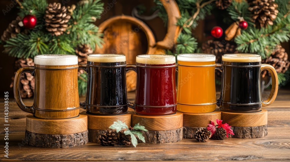 A row of beer mugs sitting on top of a wooden table