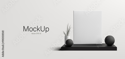 Realistic modern 3D mockup for placing photos, art images. White empty white frame, black podium, plant, round black balls. Vector illustration.