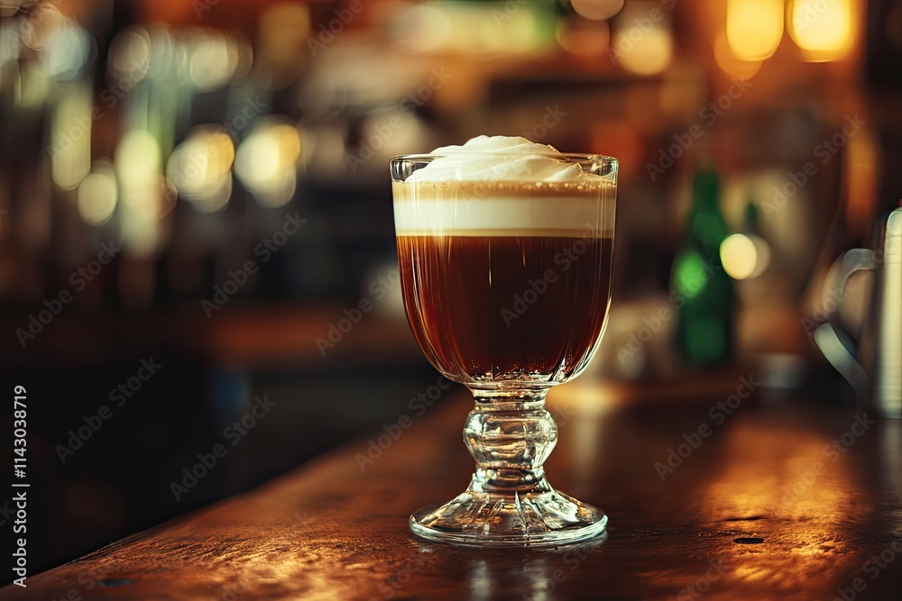Irish coffee in a bar. Concept of St Patrick holiday. Holiday background. Irish national day. Warm tone. Square Irish coffee in a bar. Concept of St Patrick holiday. Holiday background. Irish national day. Warm tone. Square