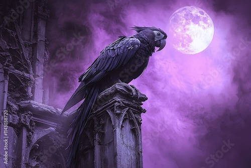 Dark purple macaw perched on gothic ruin under full moon. photo