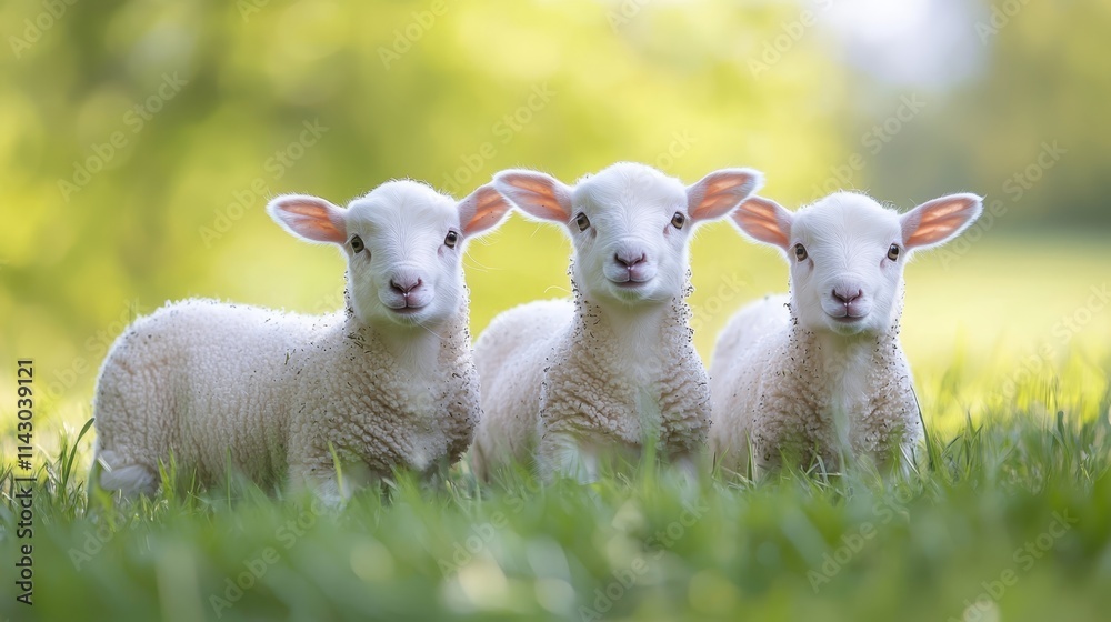 Obraz premium Three white lambs are standing in a grassy field