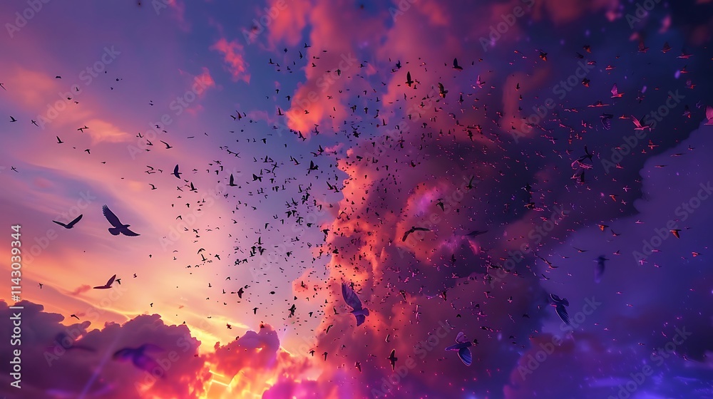 A flock of birds flying across a vibrant sunset sky A flock of birds flying across a vibrant sunset sky