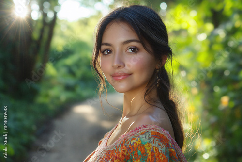 Bright smile of a Latina woman enjoying nature on a colorful forest trail. Generative AI