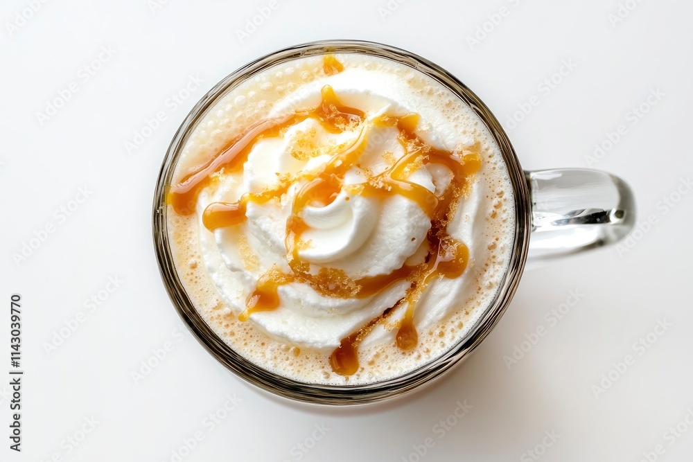 latte coffee with whipped cream with caramel in glass, glass handle, irregular caramel, top view, white background latte coffee with whipped cream with caramel in glass, glass handle, irregular caramel, top view, white background