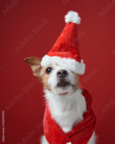 A Jack Russell Terrier sits confidently in a full Santa outfit, including a hat and collar. The deep red background enhances the holiday ambiance and highlights the dog's charm.