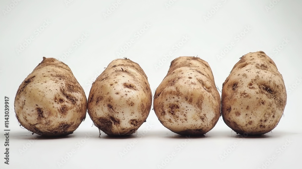 A row of four white potatoes sitting next to each other A row of four white potatoes sitting next to each other