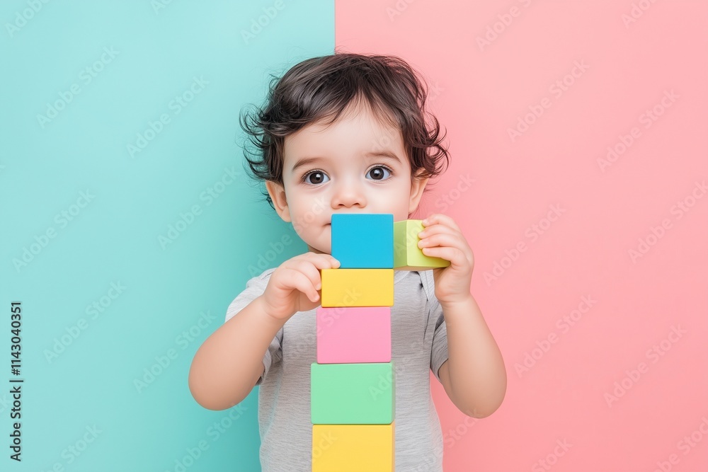 A toddler stacking colorful blocks, against a pastel-toned studio backdrop A toddler stacking colorful blocks, against a pastel-toned studio backdrop