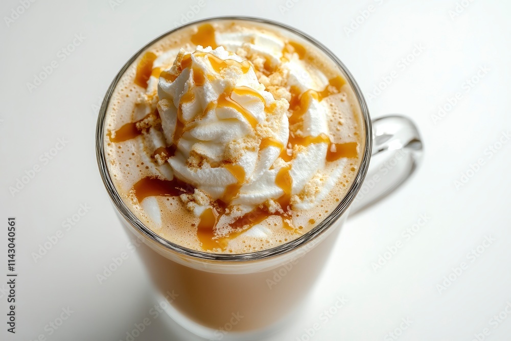 latte coffee with whipped cream with caramel in glass, glass handle, irregular caramel, top view, white background latte coffee with whipped cream with caramel in glass, glass handle, irregular caramel, top view, white background