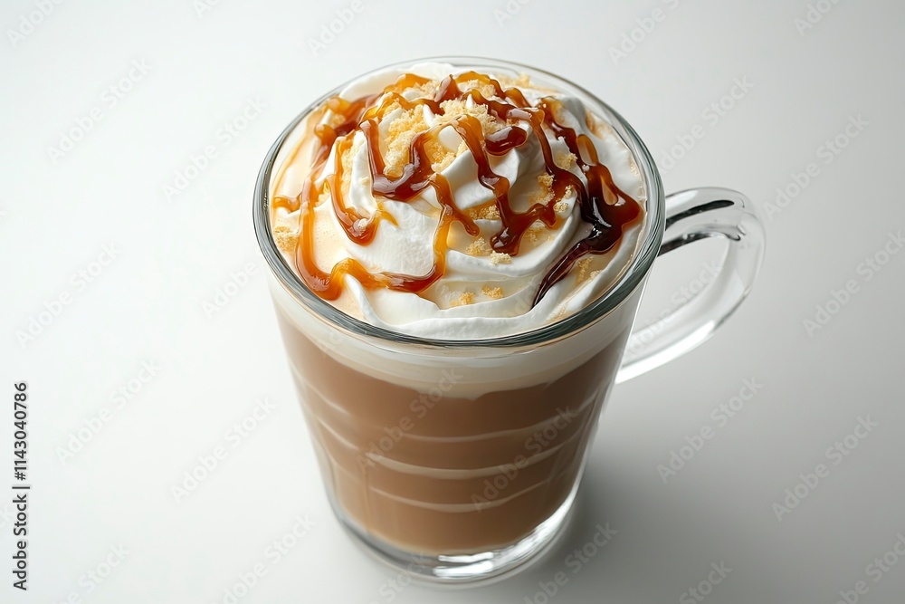 latte coffee with whipped cream with caramel in glass, glass handle, irregular caramel, top view, white background latte coffee with whipped cream with caramel in glass, glass handle, irregular caramel, top view, white background