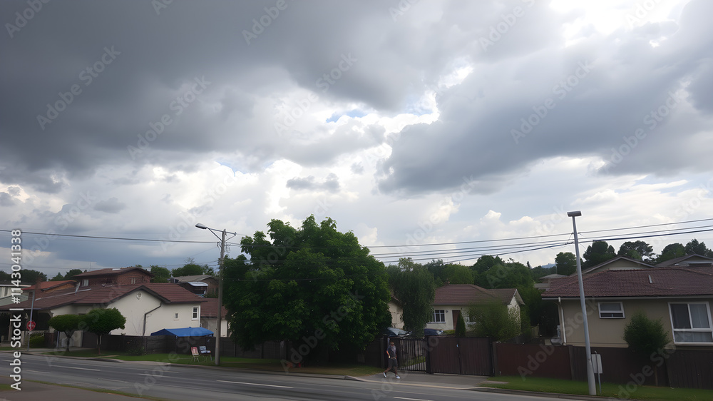 A cloudy sky with a few houses in the background A cloudy sky with a few houses in the background