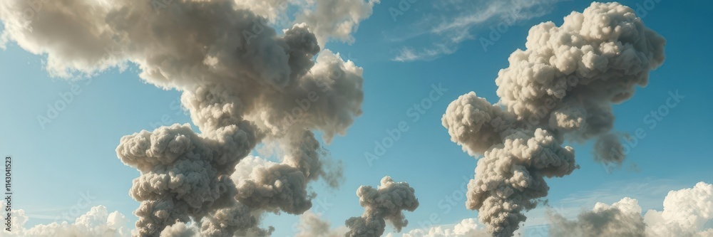 Immense dark smoke plumes billowing against a vibrant blue sky, illustration, environment, clouds Immense dark smoke plumes billowing against a vibrant blue sky, illustration, environment, clouds