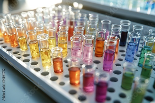 Colorful test tubes in lab rack, science research concept. photo