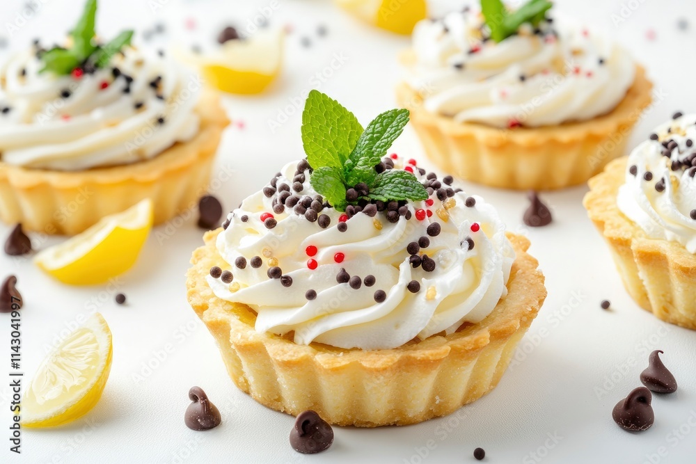 Lemon tartlets with whipped cream, sprinkles and chocolate chips on white background Lemon tartlets with whipped cream, sprinkles and chocolate chips on white background