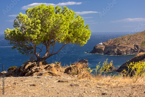 Cala Nans lighthouse on the rocky coast against the blue Mediterranean Sea, near Cadaques, Spain